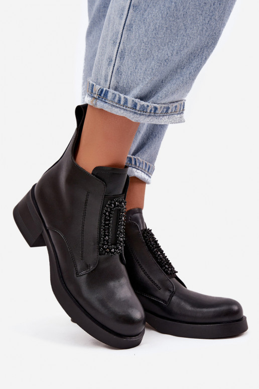 Kožené Dámske čižmy Zapnuté Klocku s ozdobami D&A JC52-869 čierna Kožené Dámske čižmy Zapnuté Klocku s ozdobami D&A JC52-869 čierna