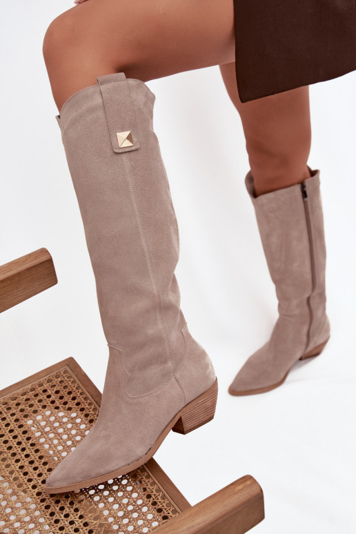 Kožené zo semišu čižmy kovbojský štýl zahriať sa Zazoo 4224 farba cappuccino Kožené zo semišu čižmy kovbojský štýl zahriať sa Zazoo 4224 farba cappuccino