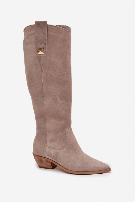 Kožené zo semišu čižmy kovbojský štýl zahriať sa Zazoo 4224 farba cappuccino Kožené zo semišu čižmy kovbojský štýl zahriať sa Zazoo 4224 farba cappuccino