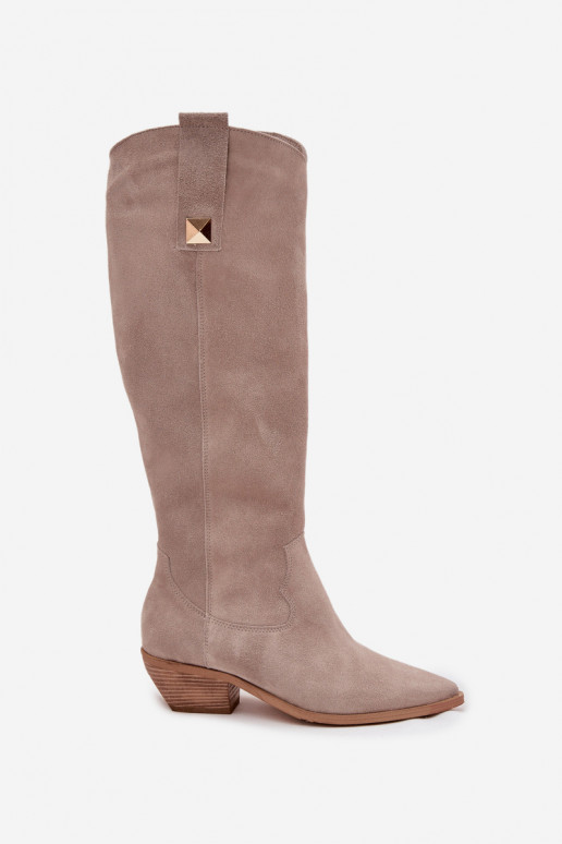 Kožené zo semišu čižmy kovbojský štýl zahriať sa Zazoo 4224 farba cappuccino Kožené zo semišu čižmy kovbojský štýl zahriať sa Zazoo 4224 farba cappuccino