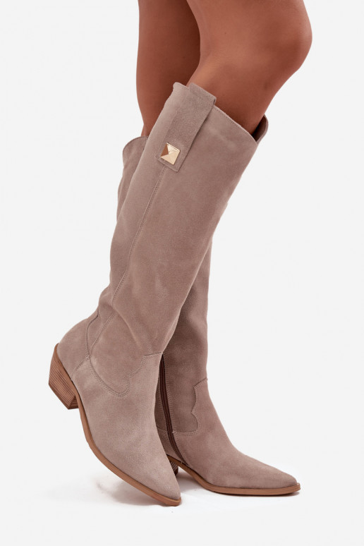 Kožené zo semišu čižmy kovbojský štýl zahriať sa Zazoo 4224 farba cappuccino Kožené zo semišu čižmy kovbojský štýl zahriať sa Zazoo 4224 farba cappuccino