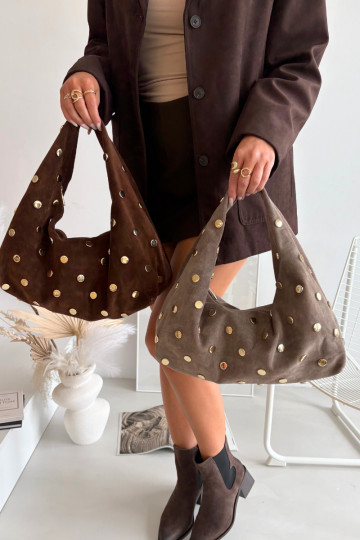 Skórzana zo semišuoIna Kabelka S Dekoráciou Tmavýbéžová Zapnutérisse 2