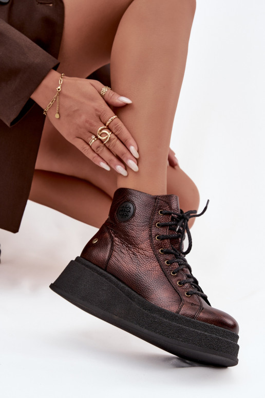 Kožené Čižmy s platformou Máciejka 06309-32 metalické farby Brąz Kožené Čižmy s platformou Máciejka 06309-32 metalické farby Brąz