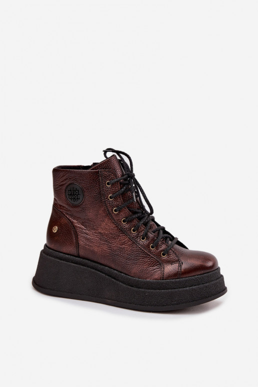 Kožené Čižmy s platformou Máciejka 06309-32 metalické farby Brąz Kožené Čižmy s platformou Máciejka 06309-32 metalické farby Brąz