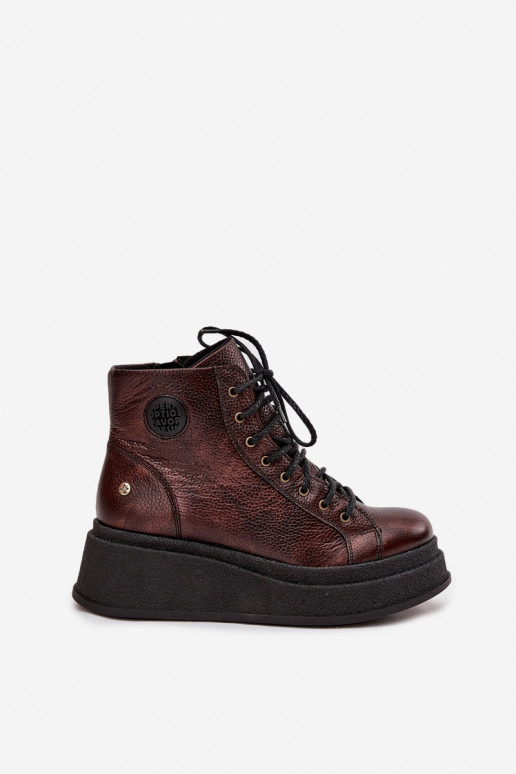 Kožené Čižmy s platformou Máciejka 06309-32 metalické farby Brąz Kožené Čižmy s platformou Máciejka 06309-32 metalické farby Brąz