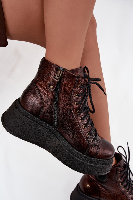 Kožené Čižmy s platformou Máciejka 06309-32 metalické farby Brąz Kožené Čižmy s platformou Máciejka 06309-32 metalické farby Brąz