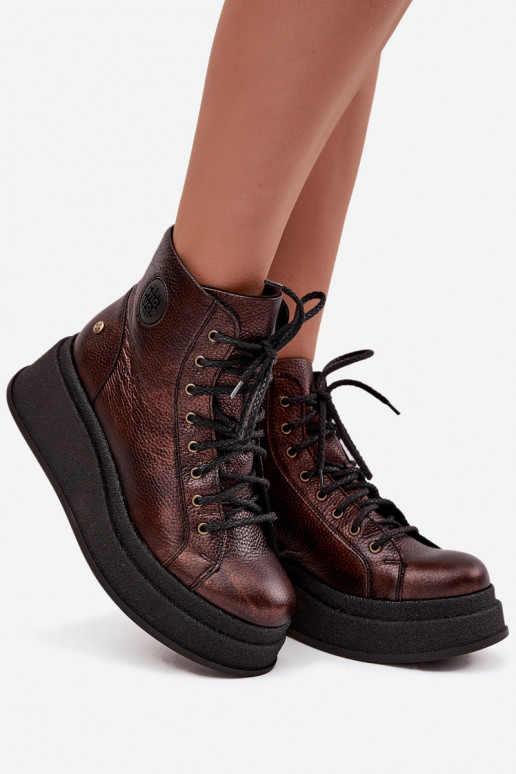 Kožené Čižmy s platformou Máciejka 06309-32 metalické farby Brąz Kožené Čižmy s platformou Máciejka 06309-32 metalické farby Brąz