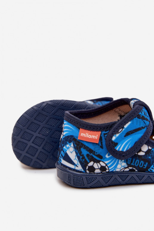 Papuče Milami deti s lepiacimi spojkami Loptičky tmavomodrá Jasimrra