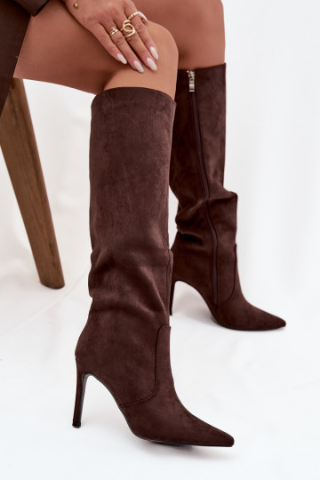 zahriať sa dámske čižmy s tenkými podpätkamiz eko semišuu CzekoladoIne Rosavine