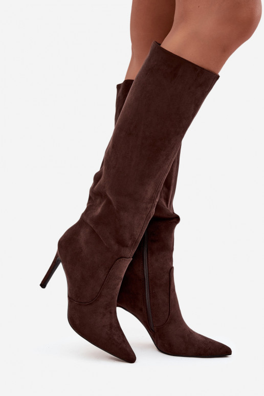 zahriať sa dámske čižmy s tenkými podpätkamiz eko semišuu CzekoladoIne Rosavine