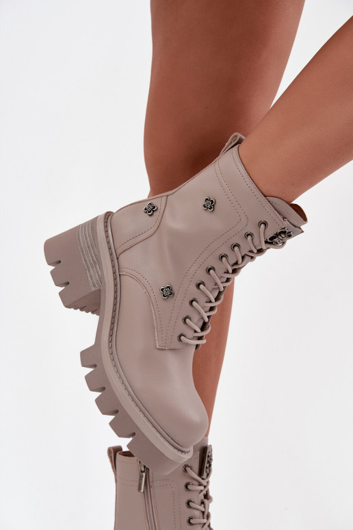 Kožené Pracovné členkové topánky Dámske Zapnuté KlockuPrzypinkami Artiker 57C0181 béžová