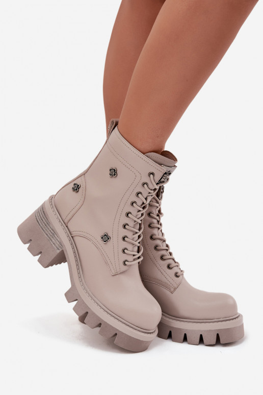 Kožené Pracovné členkové topánky Dámske Zapnuté KlockuPrzypinkami Artiker 57C0181 béžová Kožené Pracovné členkové topánky Dámske Zapnuté KlockuPrzypinkami Artiker 57C0181 béžová