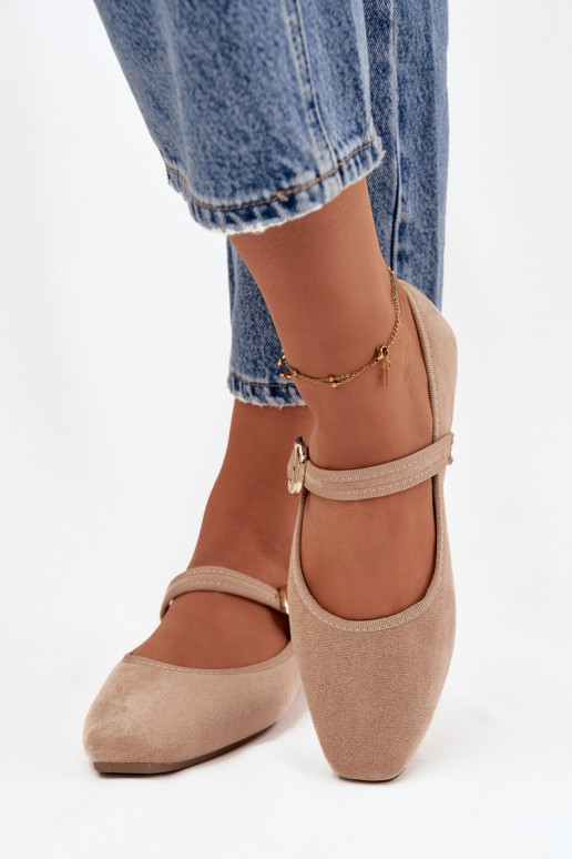 Balerínky s popruhmi I Złotą s prackami z eko semišuoIne béžová Adelora