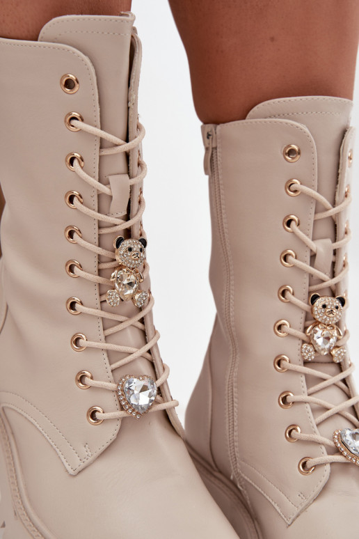 Pracovné členkové topánky DámskePrzypinkami plyšové medvede Srdiečka béžová Iravine