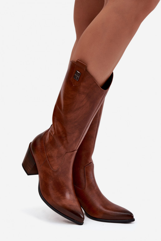 Kožené čižmy kovbojský štýl s podpätkami zahriať sa Zazoo 70155 Hnedá farba