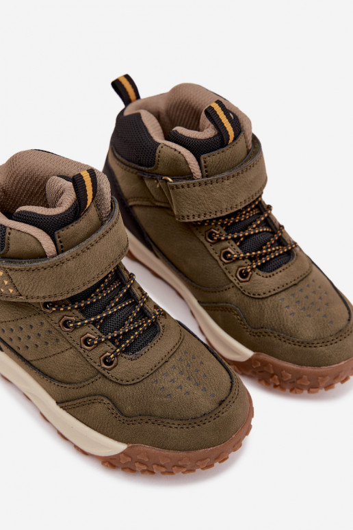 turistické topánky deti s lepiacimi spojkami khaki farby Pavisse