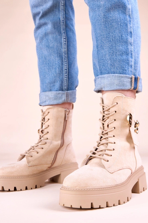 Pieskové dámske traperky so zlatým...