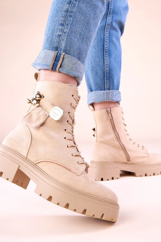 Pieskové dámske traperky so zlatým...