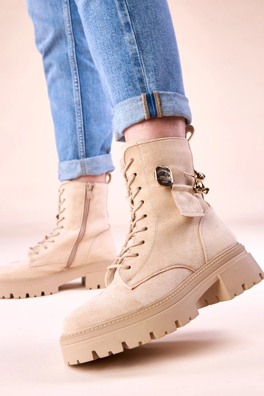 Pieskové dámske traperky so zlatým...