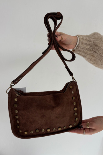 Skórzana zo semišuoIna Kabelka Zdobiona S kamienkami Hnedá Savra