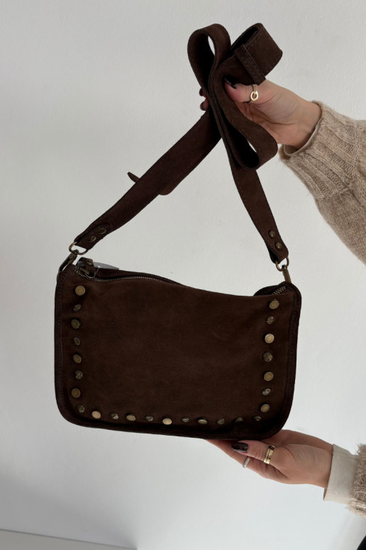 Skórzana zo semišuoIna Kabelka Zdobiona S kamienkami CzekoladoIna Savra