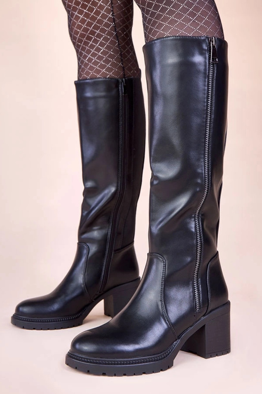 Čierne čižmy na podpätku s elastickým...