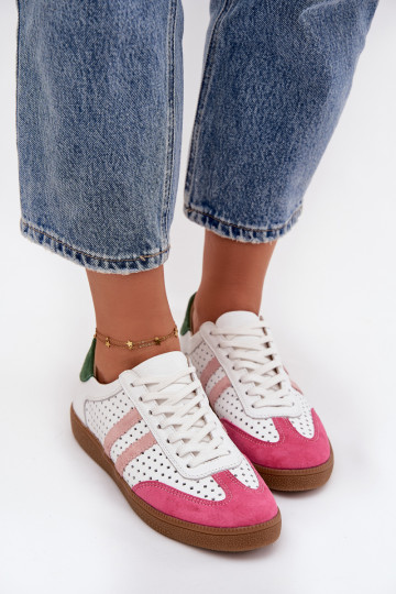 Kožené s prvkami prelamovania Tenisky model obuvi Dámske Zazoo N1318 biely-Ružová