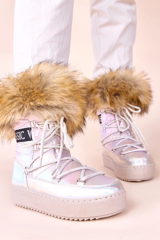 Strieborné snehové topánky s ružovým...