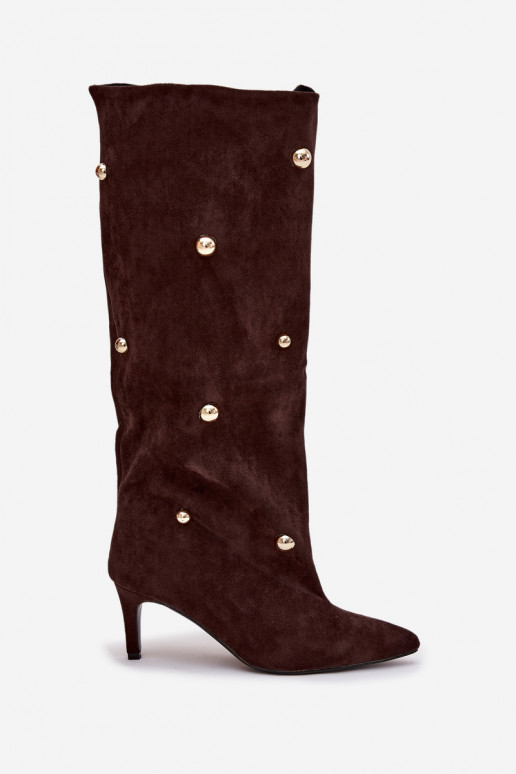 Hnedé dámske dlhé čižmy na zapínanie s tenkými podpätkami a zlatými dekoráciami Thaliane