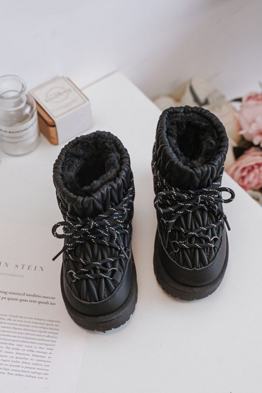 Čierne zateplené detské snehové topánky s kožušinou vo vnútri
