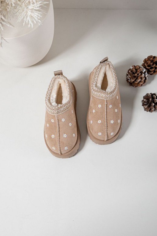 Detské snehové topánky s kvetinovým vzorom a ušami, zateplené kožušinou, Palina, pieskové