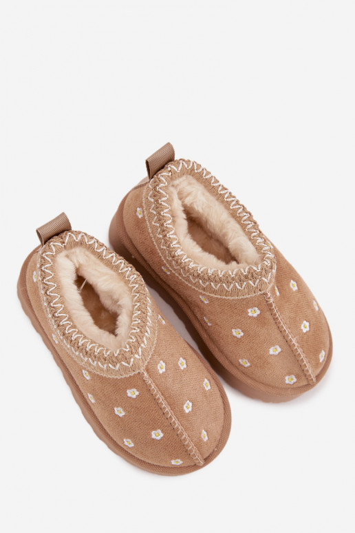 Detské snehové topánky s kvetinovým vzorom a ušami, zateplené kožušinou, Palina, pieskové