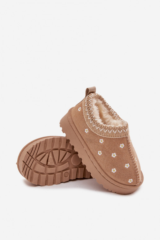 Detské snehové topánky s kvetinovým vzorom a ušami, zateplené kožušinou, Palina, pieskové