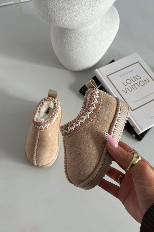 Detské snehové topánky s vyšívaním Prina, pieskové