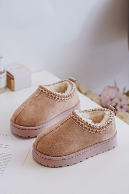 Detské snehové čižmy-čižmičky s platformou, zateplené kožúškom vo vnútri, v pieskovej farbe Vilabria