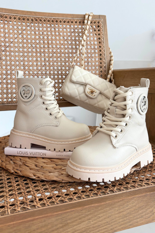 Detské zateplené členkové topánky s kožušinou vo vnútri a ornamentmi LOVE, pieskovej farby, Rosaira