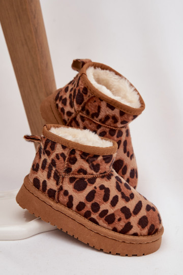 Hnedé teplé detské/mládežnícke snehové topánky s kožušinou a leopardím vzorom Mireya