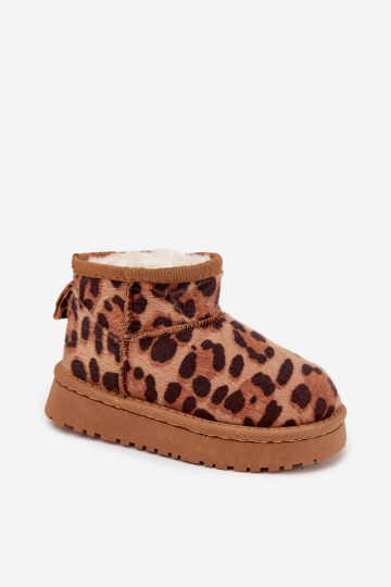 Hnedé teplé detské/mládežnícke snehové topánky s kožušinou a leopardím vzorom Mireya 2