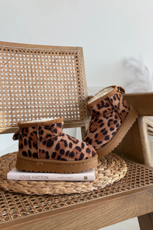 Hnedé teplé detské/mládežnícke snehové topánky s kožušinou a leopardím vzorom Mireya