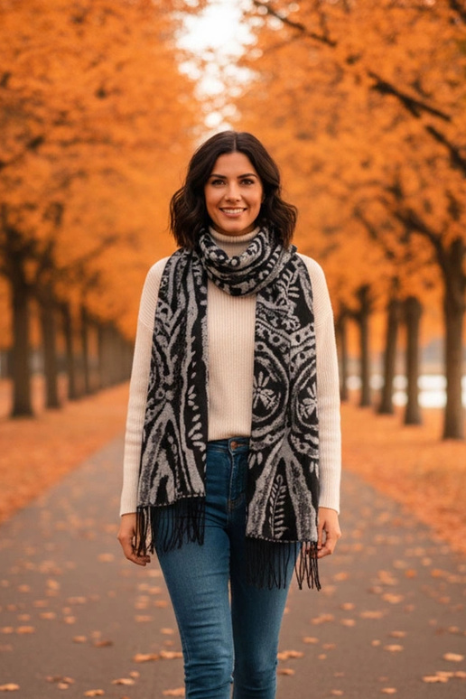 Čierno-biely šál s kvetinovým vzorom...