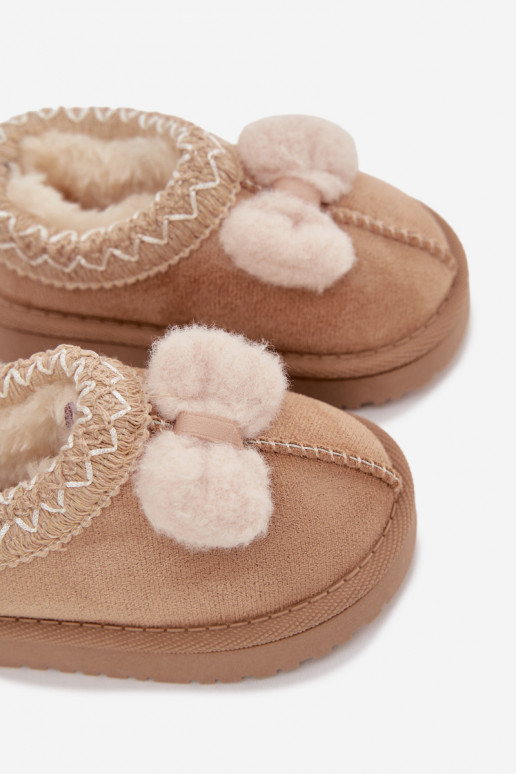 Detské snehové topánky s vyšívaním a stuhou v pieskovej farbe Daven