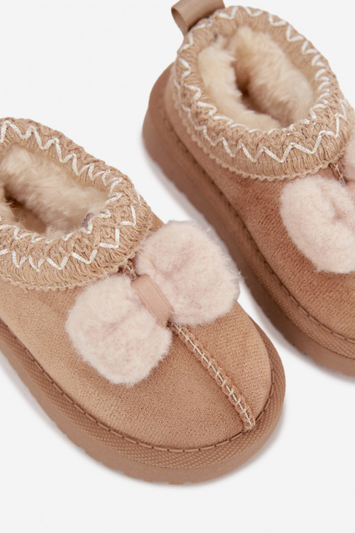 Detské snehové topánky s vyšívaním a stuhou v pieskovej farbe Daven