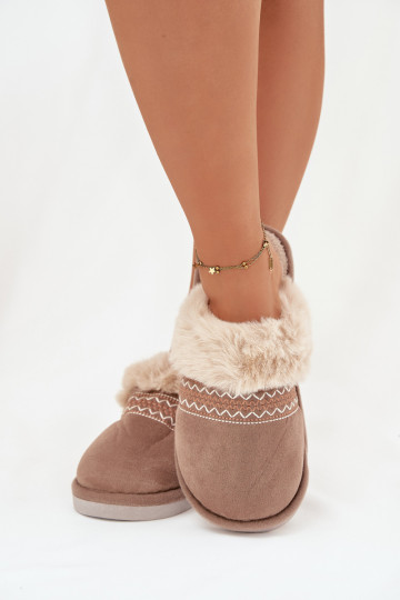 Papuče Dámske s kožušinou I Haftem khaki farby Devianne