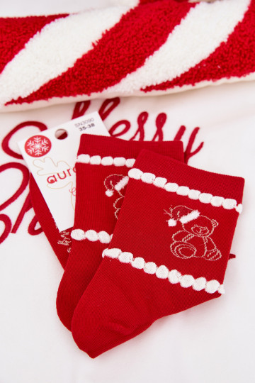 Ponožky Dámske Vianoce plyšové medvede V čiapke Mikuláša červená 2