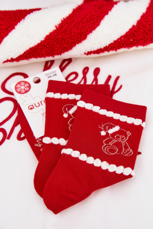 Ponožky Dámske Vianoce plyšové medvede V čiapke Mikuláša červená