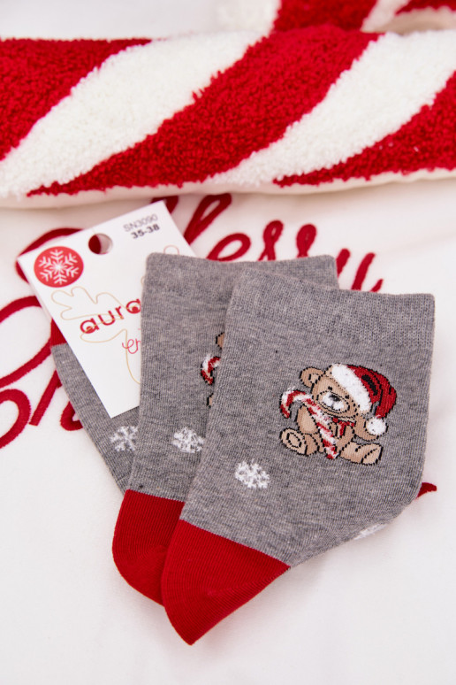 Ponožky Dámske Vianoce Snehové vločky plyšové medvede V čiapke Mikuláša sivá