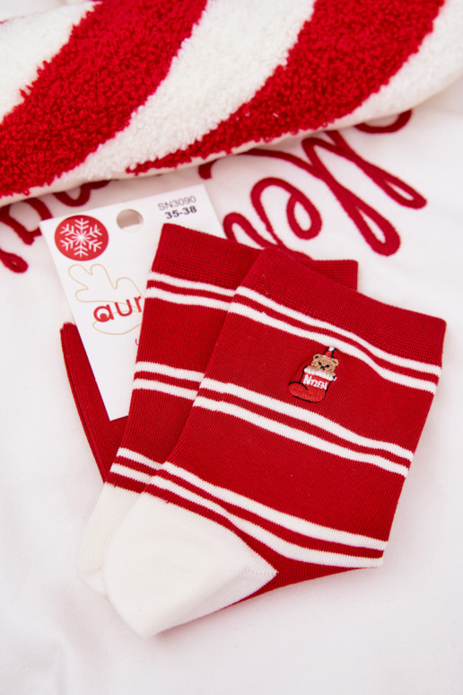 Ponožky Dámske Vianoce Pruhy I plyšové medvede červená