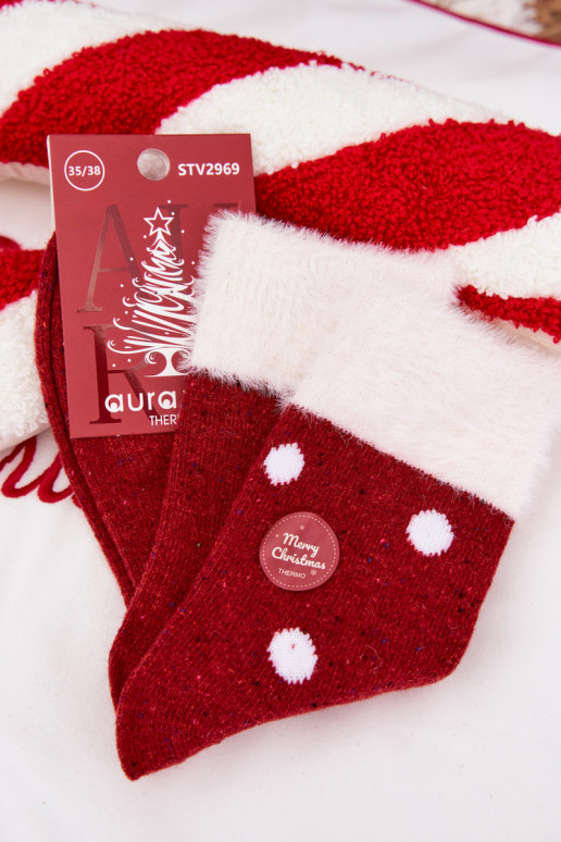 Ponožky Dámske Vianoce s kožušinou I Kropkami INełna Alpaka červená