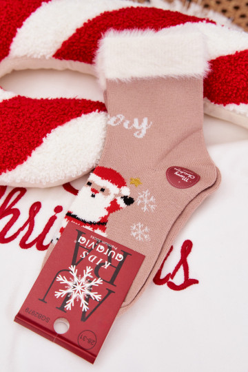 Vianočné ponožky deti s kožušinou I Mikulášem INełna Alpaka béžová 2