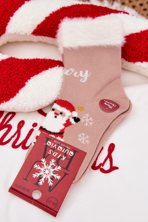 Vianočné ponožky deti s kožušinou I Mikulášem INełna Alpaka béžová